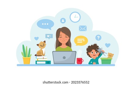 Woman working from home with kid. Home office concept. Flat style. Vector illustration.