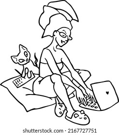 Woman working at home with laptop. Beautiful happy lady sitting in a home office. Hand drawn monochrome comic cartoon monochrome vector illustration. Simple black line style drawing..