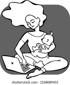 Woman working at home with laptop. Beautiful happy lady sitting in a home office. Hand drawn comic cartoon style monochrome vector illustration. Simple black line drawing.