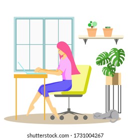 Woman working at home. Woman working with laptop and her cat. Vector illustration