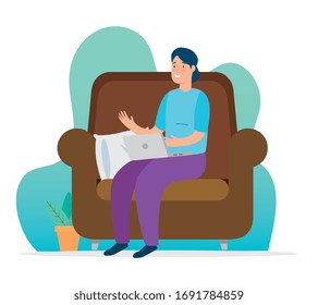 woman working at home with laptop sitting in couch vector illustration design