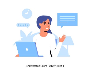Woman working from home with laptop, speech bubble and positive feedback. Freelancer sitting at the table. Concept of online consultations and courses. Great service. Vector illustration in flat style