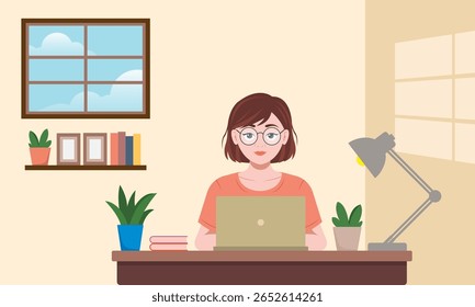 Woman working at home with laptop. Vector illustration in flat style.