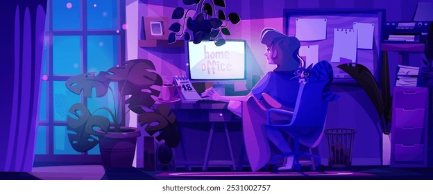 Woman working home late at night. Vector cartoon illustration of young female freelancer or student using desktop computer in dark room, cute cat on armchair, paper notes on wall, coffee cup on table