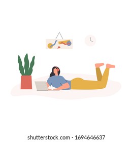 Woman working from home. Woman lying on the floor with laptop and having an online meeting. Freelancer character working from home at relaxed pace, cozy workplace. Flat vector illustration