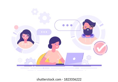 A woman is working from home and meeting up with her team, colleagues or friends online via conference video call. Working from home, remote project management, quarantine. Vector illustration.