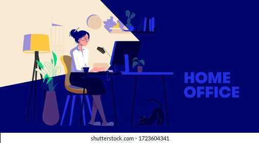 Woman working from home at night. Woman sitting at desk in dark room, looking at computer screen. Freelancer or blogger home office concept. Flat Design Vector Illustration