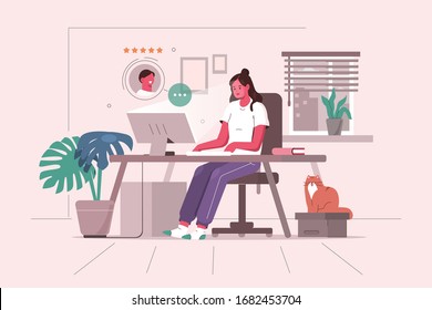 
Woman Working at Home Office. Character Sitting at Desk in Cozy Room, Looking at Computer Screen and Talking with Colleagues Online. Home Office Concept.  Flat Cartoon Vector Illustration.