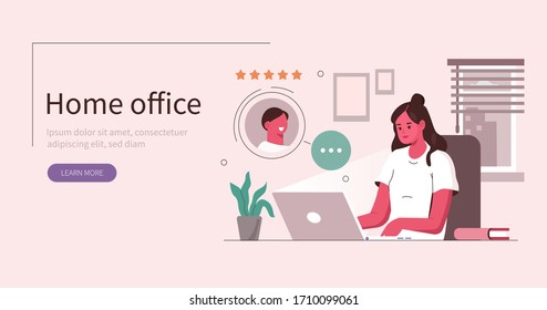 Woman Working at Home Office. Character Sitting at Desk in Cozy Room, Looking at Computer Screen and Talking with Colleagues Online. Home Office Concept.  Flat Cartoon Vector Illustration.