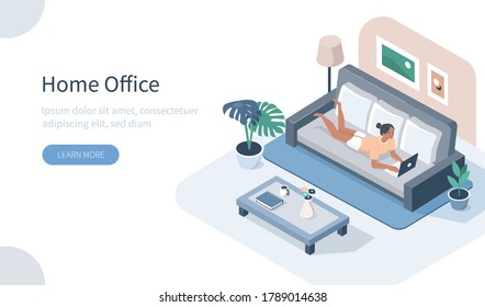 Woman Working at Home Office. Character Lying at Sofa in Cozy Room, Looking at Laptop Screen and Working Online. Remote Work and Home Office Concept.  Flat Isometric Vector Illustration.