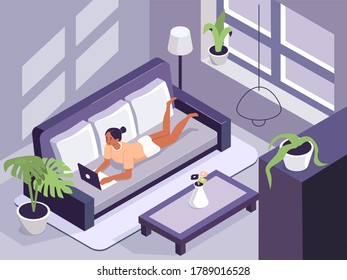 Woman Working at Home Office. Character Lying at Sofa in Cozy Room, Looking at Laptop Screen and Working Online. Remote Work and Home Office Concept.  Flat Isometric Vector Illustration.