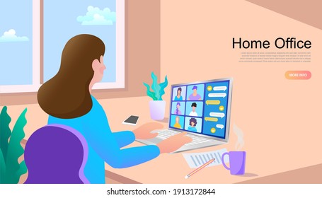 Woman Working at Home Office. Character Sitting at Desk in Room. Young people, mаn and womаn freelancers working on laptops and computers at home. Vector flat style illustration