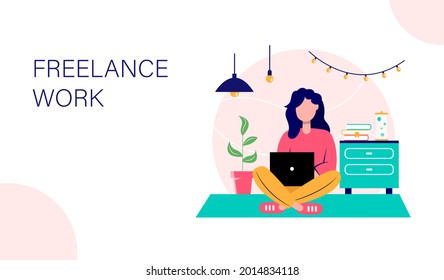 Woman working at home office. Character sitting at laptop. Home office concept. Vector illustration.