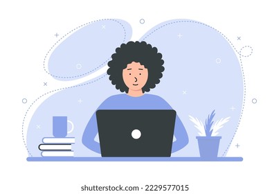 Woman working at home office. Character sitting at desk in room, looking at computer screen
