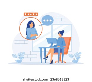 Woman Working at Home Office. Character Sitting at Desk in Cozy Room, Looking at Computer Screen and Talking with Colleagues Online, flat vector modern illustration