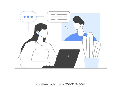 Woman Working at Home Office. Character Cozy Room, Looking at Computer Screen and Talking with Colleagues Online. Home Office. Flat Cartoon Vector Illustration, icon. Stylish abstract Blue 