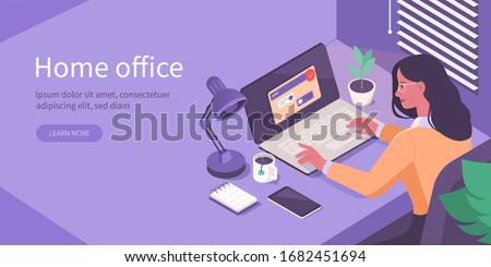 Woman Working at Home Office. Character Sitting at Desk in Room, Looking at Computer Screen and Talking with Colleagues Online. Home Office Concept.  Flat Isometric Vector Illustration.