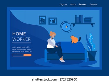 Woman Working at Home Office. Home Office Concept. Character Sitting on the couch with a laptop and looking at the screen works online at night.Online Conference.Flat Vector Illustration.