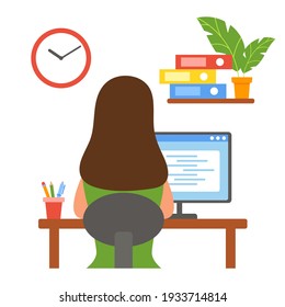 Woman working from home. Home office concept. Freelancer, student, teacher. The girl works or studies. Vector illustration in flat style isolated on white background.