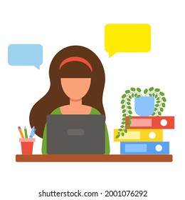 Woman working from home. Home office concept. Freelancer, student, teacher. The girl works or studies. Vector illustration in flat style isolated on white background.