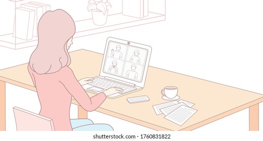 woman working from home office conference with laptop and phone on table, drinking coffee. freelance or studying concept. social networks. character sitting with outline design at desk in room.