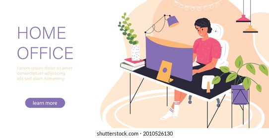 Woman working at home office. Cute young woman sitting on comfy chair with laptop computer in cozy room and talking with colleagues online. Home office concept. Flat isometric vector illustration.
