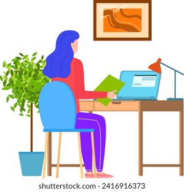 Woman working at home office desk with laptop and documents. Female freelancer in casual clothes focused on computer work. Remote work and freelance lifestyle vector illustration.