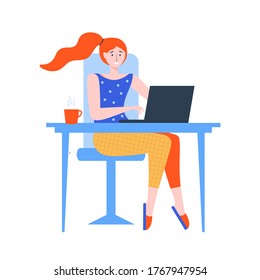 Woman Working at Home Office. Freelance girl working on laptop at her house. Concept of freelancing, online work, study, education, training. People stay at home. Vector illustration in flat cartoon