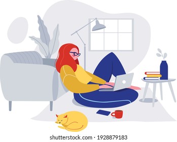 Woman Working at Home Office. Freelance or studying concept.
 Character Sitting on a Carpet in Room, Looking at Computer Screen or Laptop at Home. Sofa Interior at Home. Home Office Concept. Flat Vect