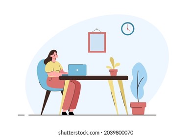 Mujer trabajando en casa. Concepto de trabajo independiente, autónomo o de estudio. Ilustración vectorial plana moderna