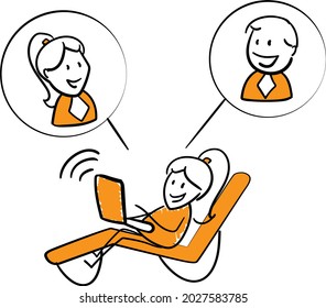 Woman working at home office. Hand drawn boy Sitting at Desk in Room, Looking at Computer Screen and Talking with Colleagues Online.isolated vector illustration doodle art.
