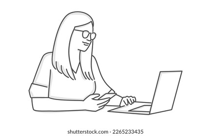 Woman working at home office. Hand drawn vector illustration.
