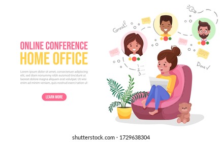 Woman Working at Home Office landing page template. Cute character sitting on pouf at room, Online video conference, she is talking with colleagues online from home.  Flat cartoon Vector Illustration.