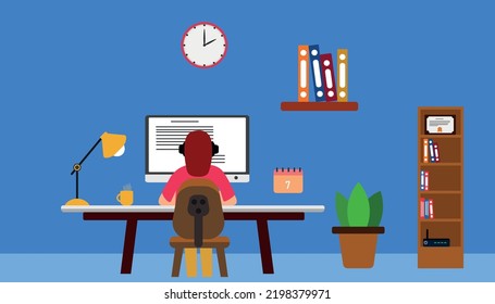 woman working at home office.
work from home idea concept.Office workplace flat vector illustration.