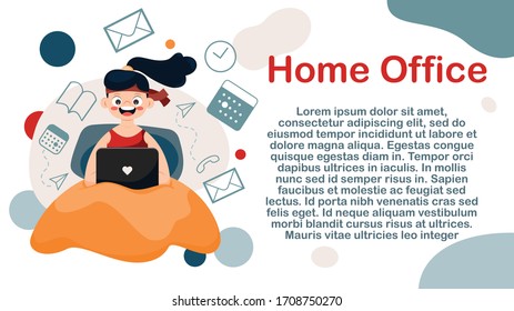 Woman Working at Home Office. Home office workplace.Flat vector concept illustration.Woman working at home at the computer. Student or schoolboy, freelancer, blogger.