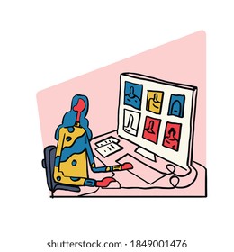 Woman working at home on computer video call with peoples. Lifestyle Freelance Concept vector. Illustration with bold black line and primary color and pink