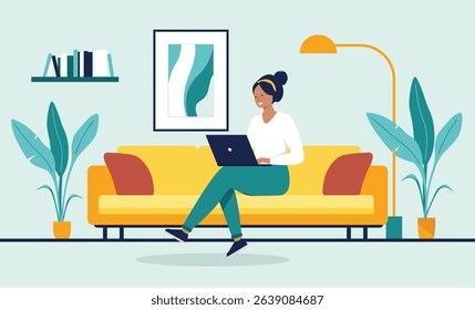 Woman working from home on a couch with a laptop, showcasing remote work, online learning, and comfortable productivity in a modern living space. Flat design style vector illustration
