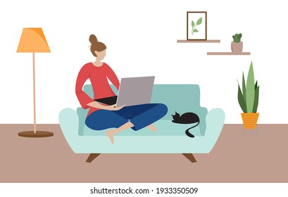 Woman working from home on her computer and sitting on her sofa with her black cat. Flat style vector illustration for freelancing, work from home, online study, education, social media or business.