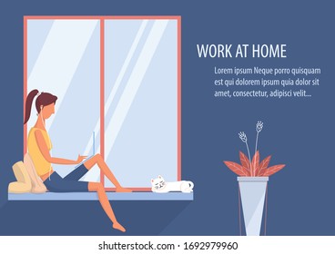 Woman working at home on laptop in the living room. freelance, work at home, online job, home office, e-learning concept. Vector illustration for poster, banner, website.