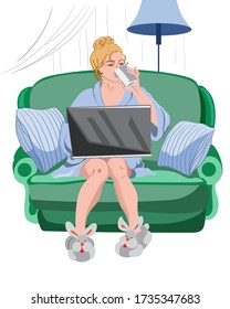 Woman working from home on a laptop. Cozy environment with rabbit slippers and sofa with pillows