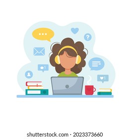 Woman working from home on laptop. Home office. Vector illustration in flat style