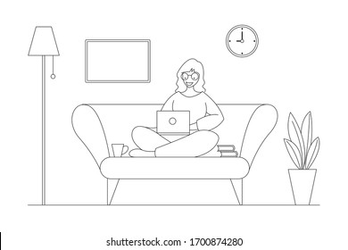 A woman working at home on some project, She is sitting on sofa at home in living room and using computer notebook for remote working.