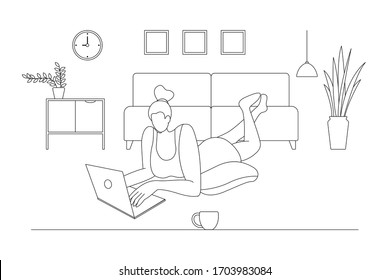 A woman working at home on some project, She is laying on the floor  at home in living room and using computer notebook for remote working.