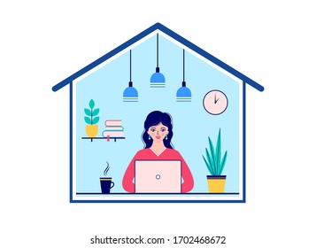 Woman working at home. Online education and freelance work. Coronavirus concept. Work at home during the epidemic.