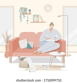 Woman working at home. Remote freelance. Girl with tablet sitting on the chair. Cute vector illustration of student studying in flat style. Stay home. Working online. Scandinavian style interior