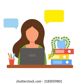 Woman working from home. Remote work. Home office concept. Freelancer, student, teacher. The girl works or studies. Vector illustration in flat style isolated on white background.