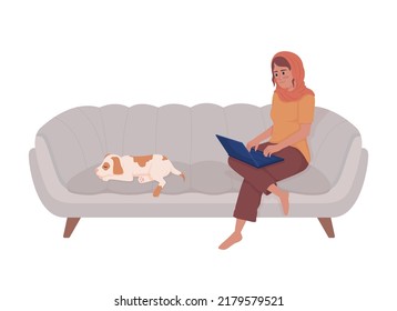 Woman working at home semi flat color vector character. Editable figure. Full body person on white. Lady with dog on couch simple cartoon style illustration for web graphic design and animation