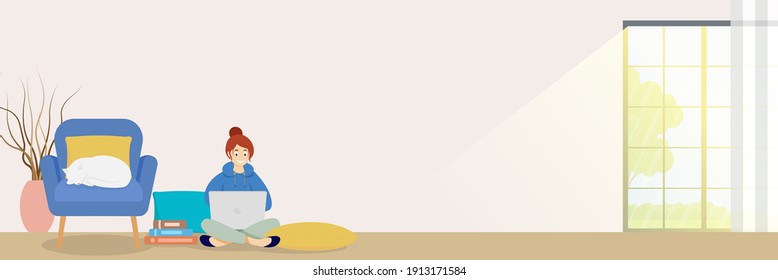 A Woman Working At Home. She Has A Lot Of Work, The Cat Also Sleeps. Woman Working With Laptop At Her Work Desk And Testing Ui And Ux. Vector Illustration Of Student.