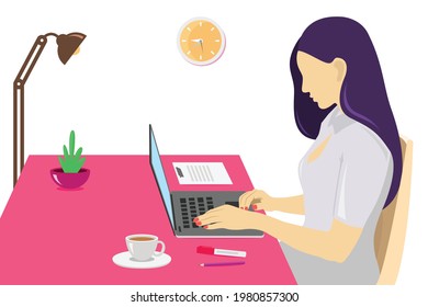 Woman Working at Home Sitting at Desk in Room, Looking at Computer Screen flat Character concept 