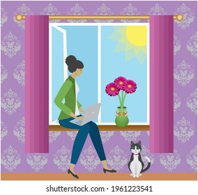 Woman working at home. Sitting in window with laptop. Cat on the floor. The flower heads are derrivated to vectors from real photo in portfolio and creates a cool effect. Vector illustration.